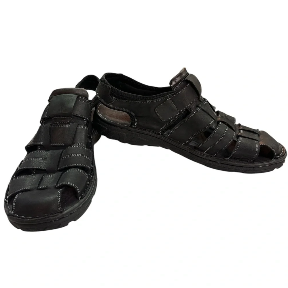 Okko Black Leather Oxford Strap Closed Toe Grey Stitching Sandals Size 13